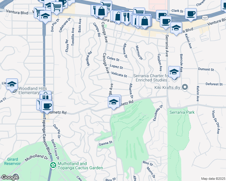 map of restaurants, bars, coffee shops, grocery stores, and more near 21330 San Miguel Street in Los Angeles