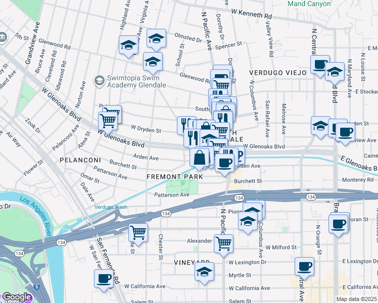 map of restaurants, bars, coffee shops, grocery stores, and more near 608 Beulah Street in Glendale