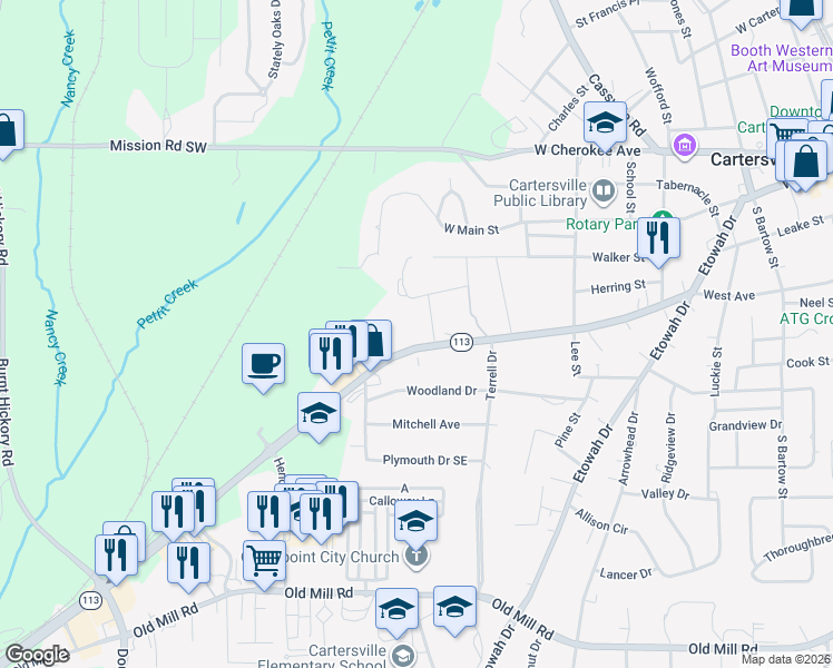 map of restaurants, bars, coffee shops, grocery stores, and more near 2 Attaway Dr in Cartersville