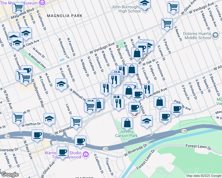 map of restaurants, bars, coffee shops, grocery stores, and more near 122 North Florence Street in Burbank