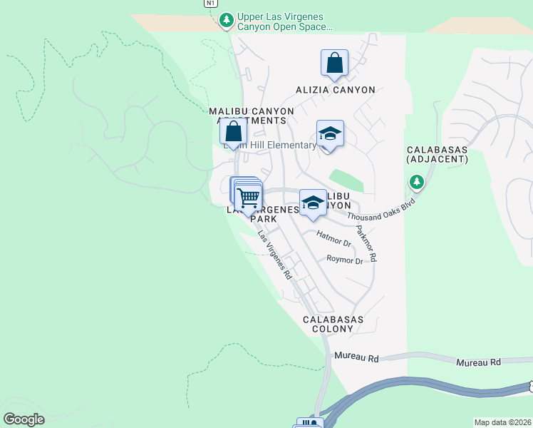 map of restaurants, bars, coffee shops, grocery stores, and more near 5606 Las Virgenes Road in Calabasas