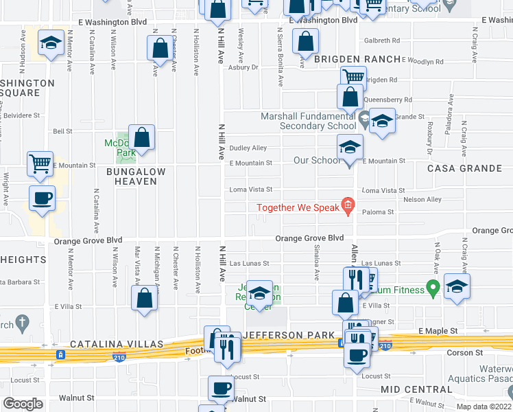 map of restaurants, bars, coffee shops, grocery stores, and more near 1505 Paloma Street in Pasadena