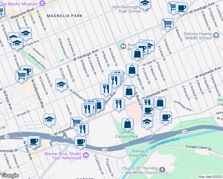 map of restaurants, bars, coffee shops, grocery stores, and more near 122 North Florence Street in Burbank