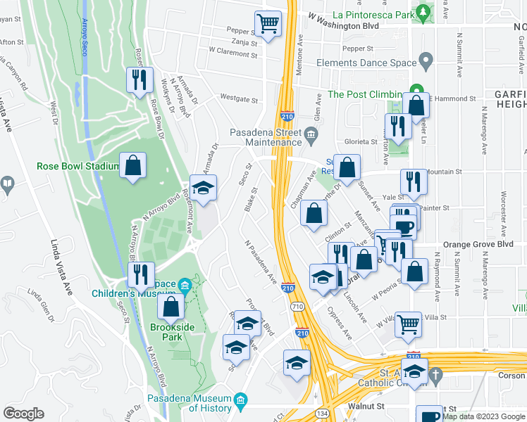 map of restaurants, bars, coffee shops, grocery stores, and more near 909 Cypress Avenue in Pasadena