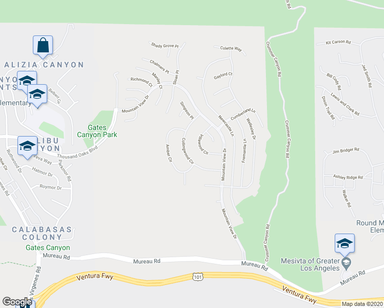 map of restaurants, bars, coffee shops, grocery stores, and more near 5420 Collingwood Circle in Calabasas