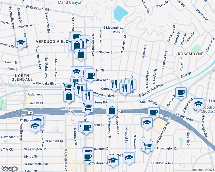 map of restaurants, bars, coffee shops, grocery stores, and more near 321 Cameron Place in Glendale