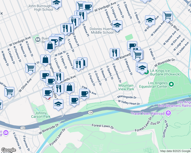 map of restaurants, bars, coffee shops, grocery stores, and more near 527 South Orchard Drive in Burbank