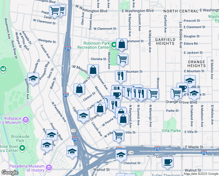 map of restaurants, bars, coffee shops, grocery stores, and more near 798 Sunset Avenue in Pasadena