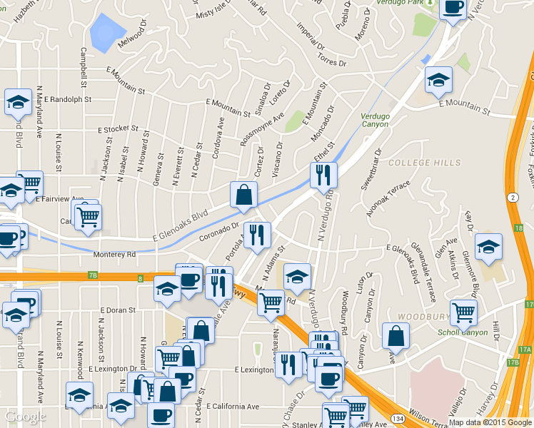 map of restaurants, bars, coffee shops, grocery stores, and more near 1037 East Glenoaks Boulevard in Glendale