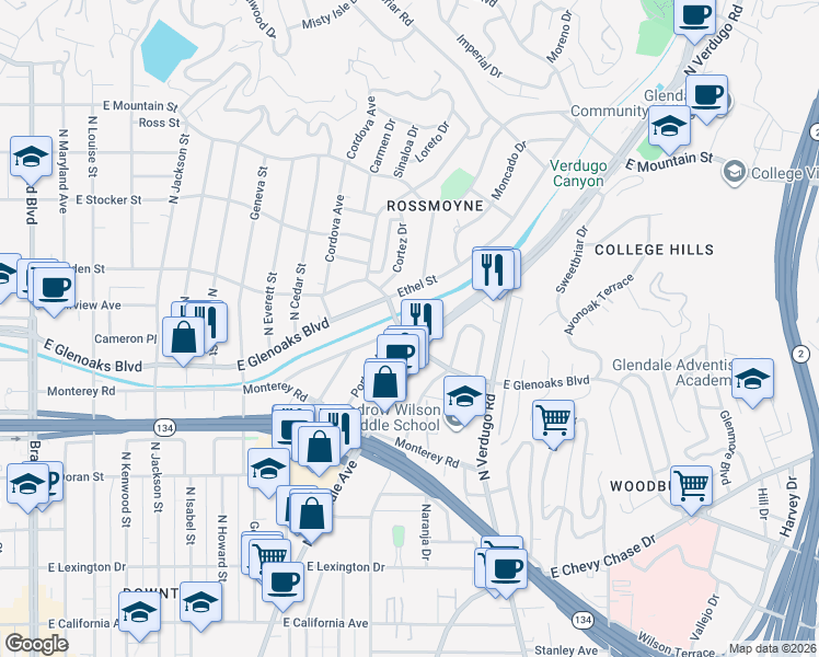 map of restaurants, bars, coffee shops, grocery stores, and more near 1037 East Glenoaks Boulevard in Glendale