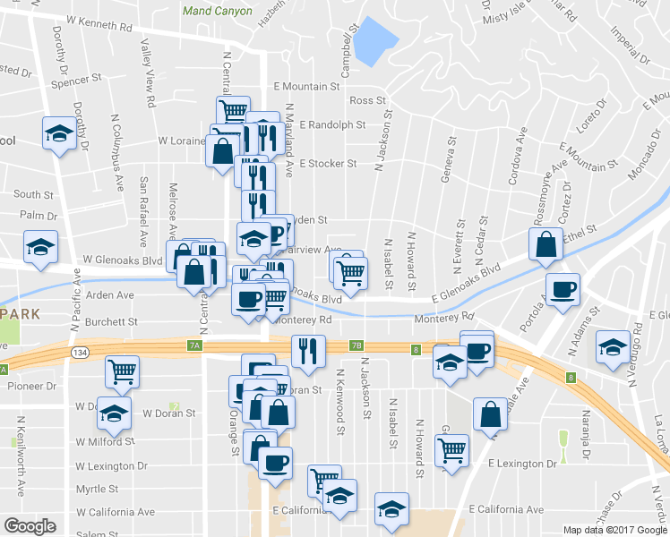 map of restaurants, bars, coffee shops, grocery stores, and more near 403 Cameron Place in Glendale
