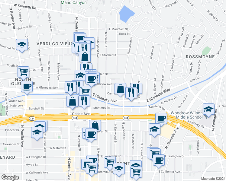 map of restaurants, bars, coffee shops, grocery stores, and more near 321 Cameron Place in Glendale