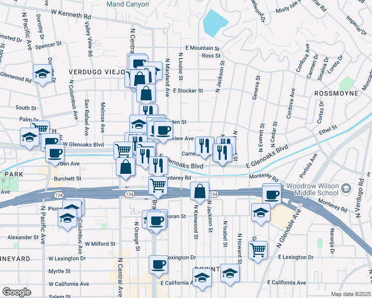 map of restaurants, bars, coffee shops, grocery stores, and more near 930 North Louise Street in Glendale
