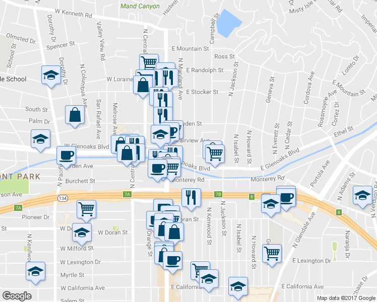 map of restaurants, bars, coffee shops, grocery stores, and more near 930 North Louise Street in Glendale