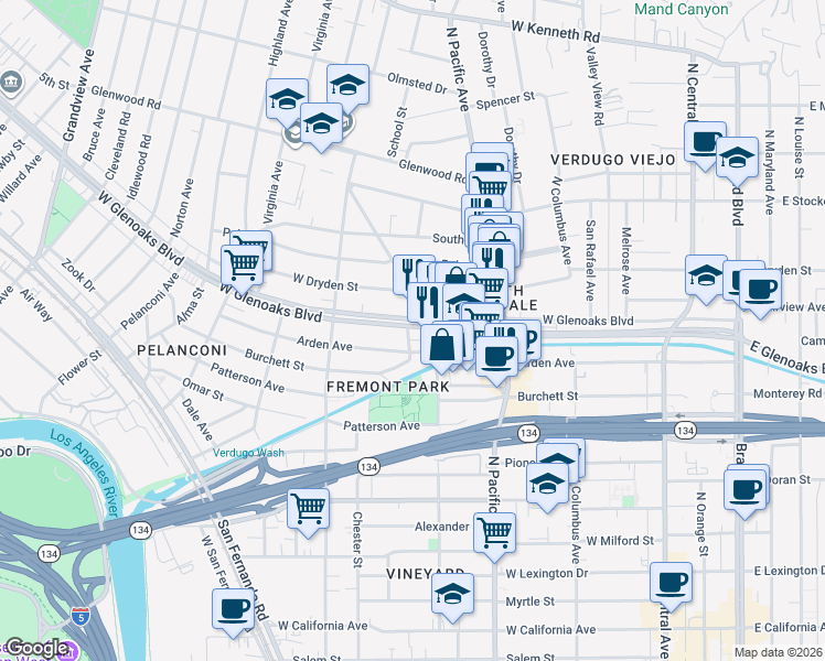 map of restaurants, bars, coffee shops, grocery stores, and more near 608 Beulah Street in Glendale
