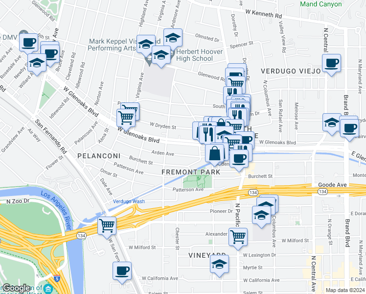 map of restaurants, bars, coffee shops, grocery stores, and more near 648 West Glenoaks Boulevard in Glendale