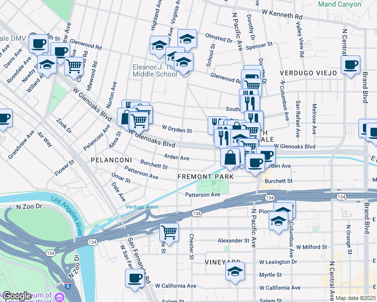 map of restaurants, bars, coffee shops, grocery stores, and more near 684 West Glenoaks Boulevard in Glendale