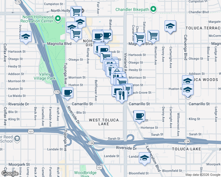 map of restaurants, bars, coffee shops, grocery stores, and more near 11126 Huston Street in Los Angeles