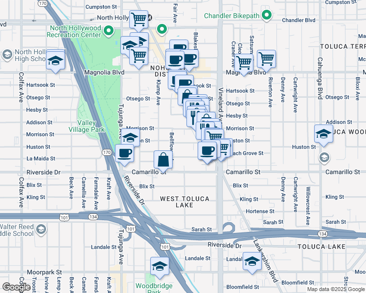 map of restaurants, bars, coffee shops, grocery stores, and more near 11170 Huston Street in Los Angeles