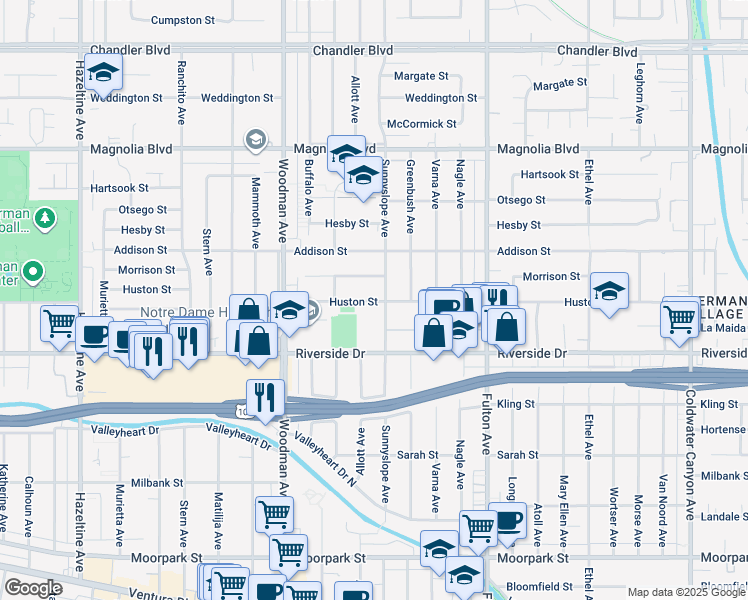 map of restaurants, bars, coffee shops, grocery stores, and more near 13533 Huston Street in Los Angeles