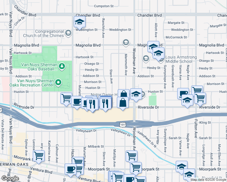 map of restaurants, bars, coffee shops, grocery stores, and more near 4900 Stern Avenue in Los Angeles