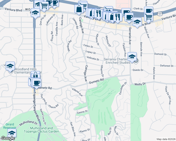 map of restaurants, bars, coffee shops, grocery stores, and more near 21330 San Miguel Street in Los Angeles