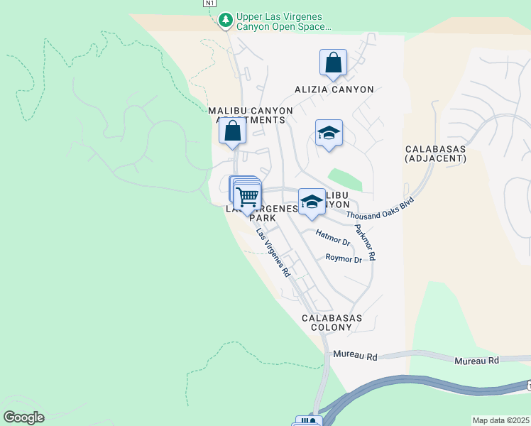 map of restaurants, bars, coffee shops, grocery stores, and more near in Calabasas