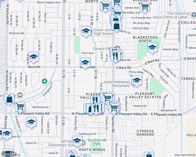 map of restaurants, bars, coffee shops, grocery stores, and more near 4440 South B Street in Oxnard