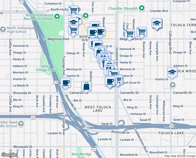map of restaurants, bars, coffee shops, grocery stores, and more near 11154 Huston Street in Los Angeles
