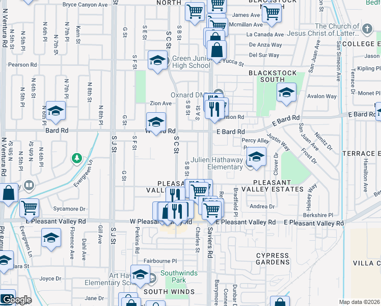 map of restaurants, bars, coffee shops, grocery stores, and more near 4440 South B Street in Oxnard