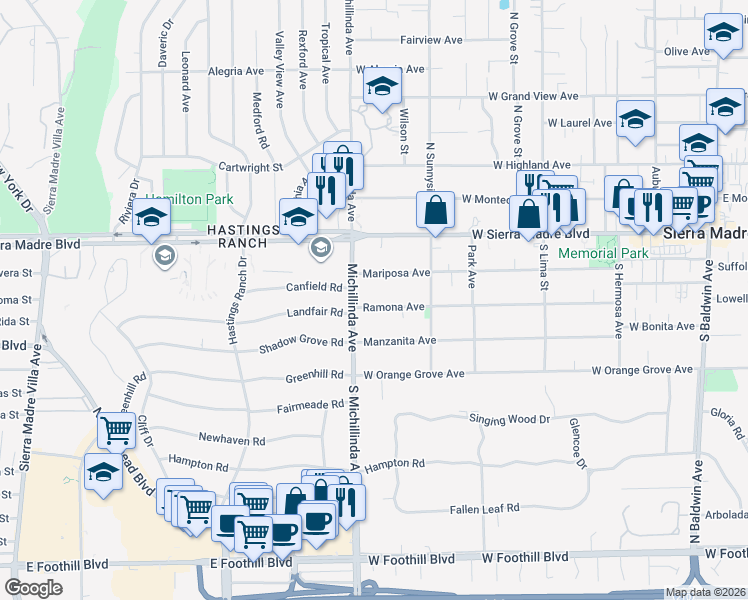 map of restaurants, bars, coffee shops, grocery stores, and more near 665 Ramona Avenue in Sierra Madre