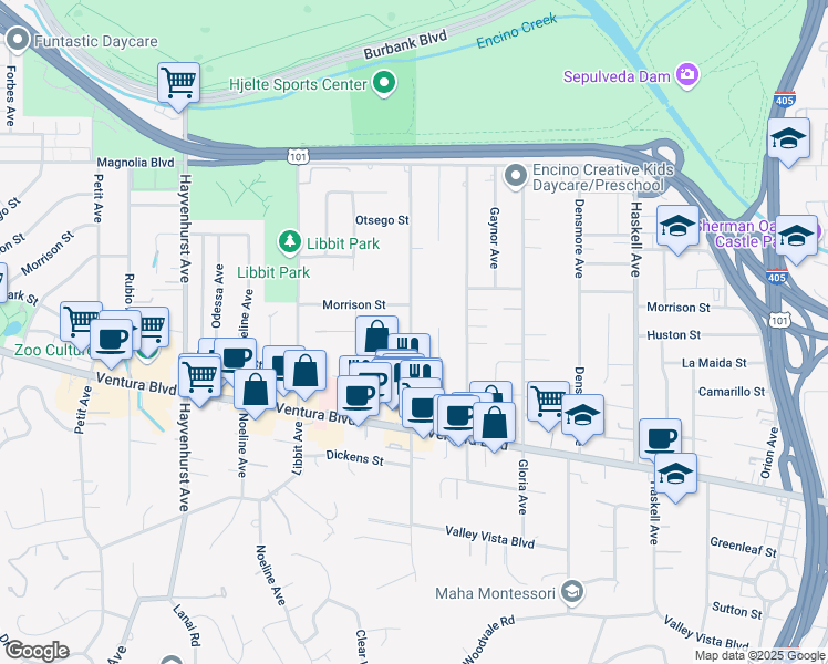 map of restaurants, bars, coffee shops, grocery stores, and more near 4932 Woodley Avenue in Los Angeles