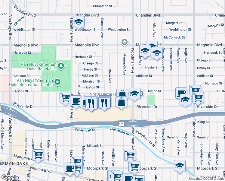 map of restaurants, bars, coffee shops, grocery stores, and more near 4900 Stern Avenue in Los Angeles