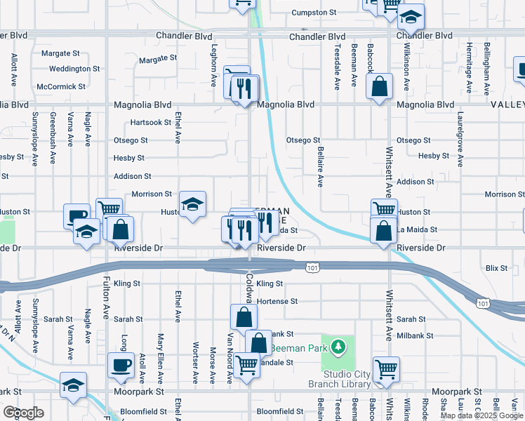 map of restaurants, bars, coffee shops, grocery stores, and more near 4901 Alcove Avenue in Los Angeles
