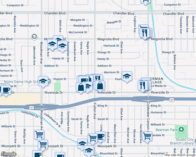 map of restaurants, bars, coffee shops, grocery stores, and more near 4906 Fulton Avenue in Los Angeles