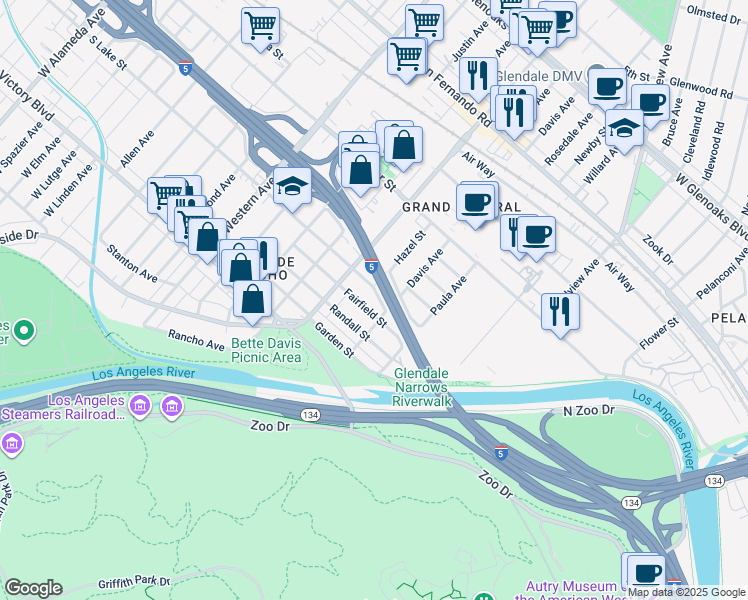 map of restaurants, bars, coffee shops, grocery stores, and more near 1416 Lake Street in Glendale