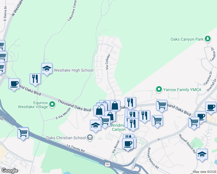 map of restaurants, bars, coffee shops, grocery stores, and more near 227 Via Colinas in Westlake Village