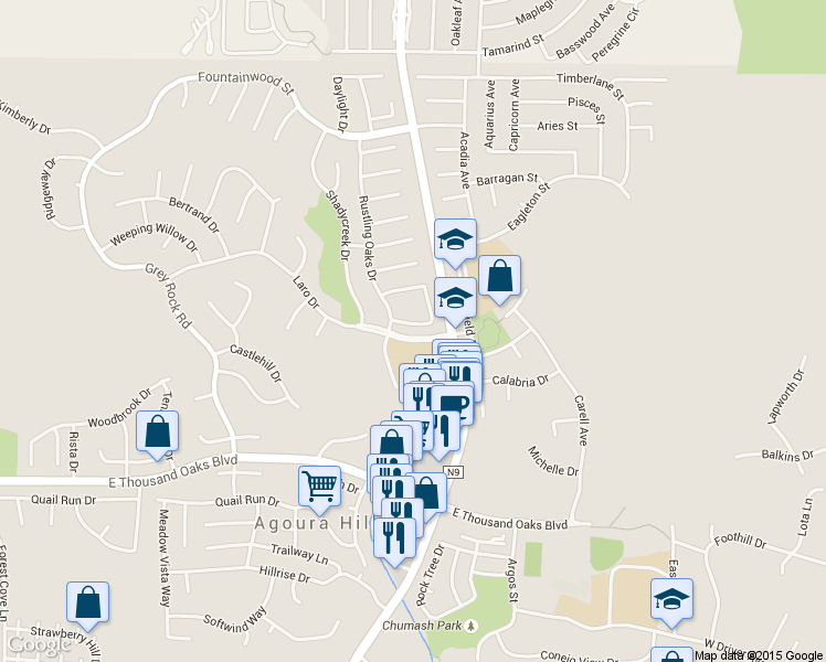 map of restaurants, bars, coffee shops, grocery stores, and more near 29022 Freshwater Drive in Agoura Hills