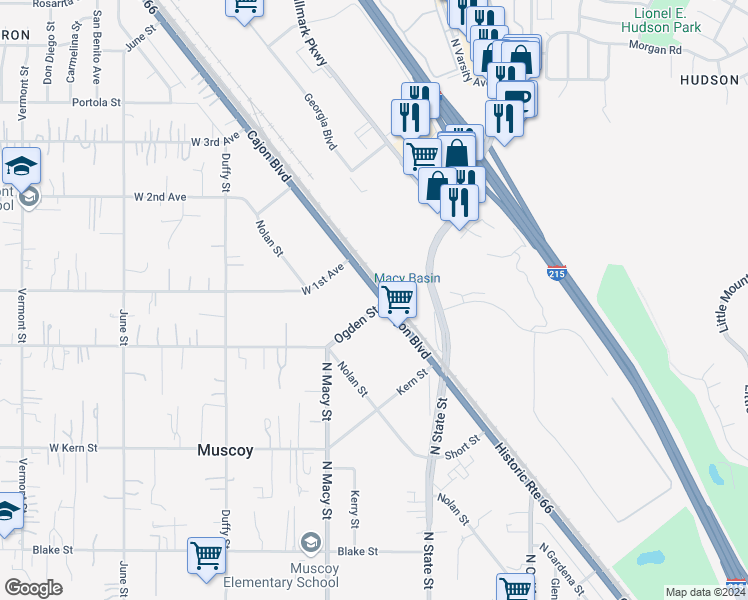 map of restaurants, bars, coffee shops, grocery stores, and more near 3610 Cajon Boulevard in Muscoy