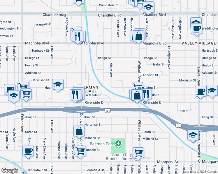 map of restaurants, bars, coffee shops, grocery stores, and more near 4903 Bellaire Avenue in Los Angeles