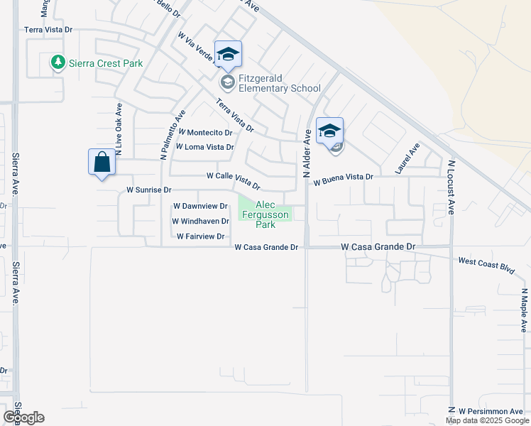map of restaurants, bars, coffee shops, grocery stores, and more near 2395 West Sunrise Drive in Rialto