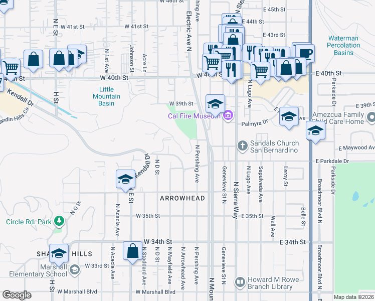 map of restaurants, bars, coffee shops, grocery stores, and more near 304 Edgerton Drive in San Bernardino