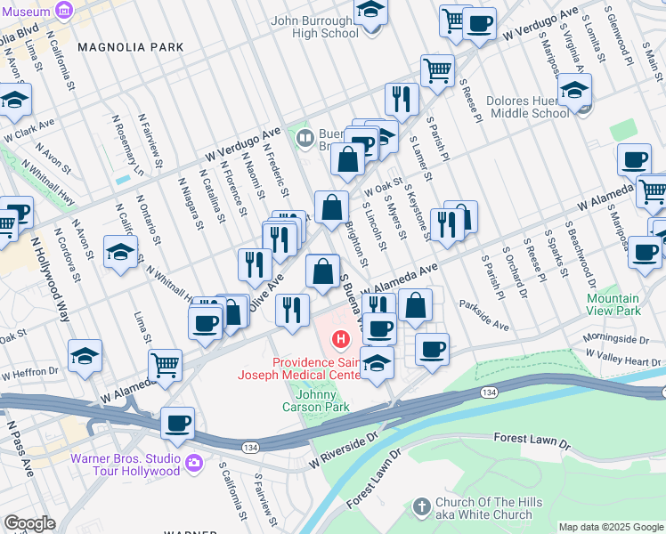 map of restaurants, bars, coffee shops, grocery stores, and more near 181 South Buena Vista Street in Burbank