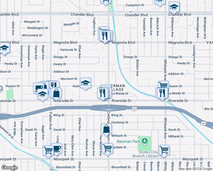 map of restaurants, bars, coffee shops, grocery stores, and more near 4900 Van Noord Avenue in Los Angeles