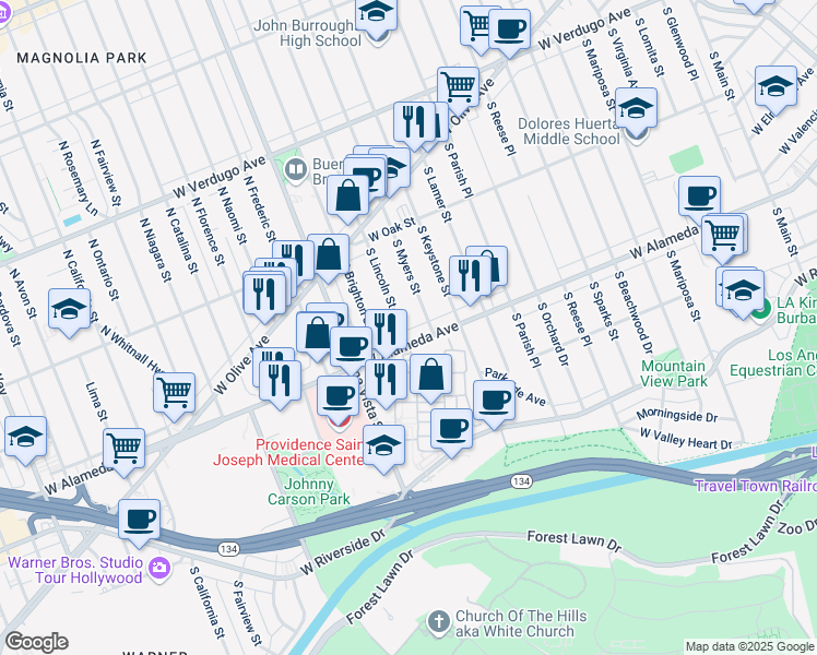 map of restaurants, bars, coffee shops, grocery stores, and more near 338 South Lincoln Street in Burbank