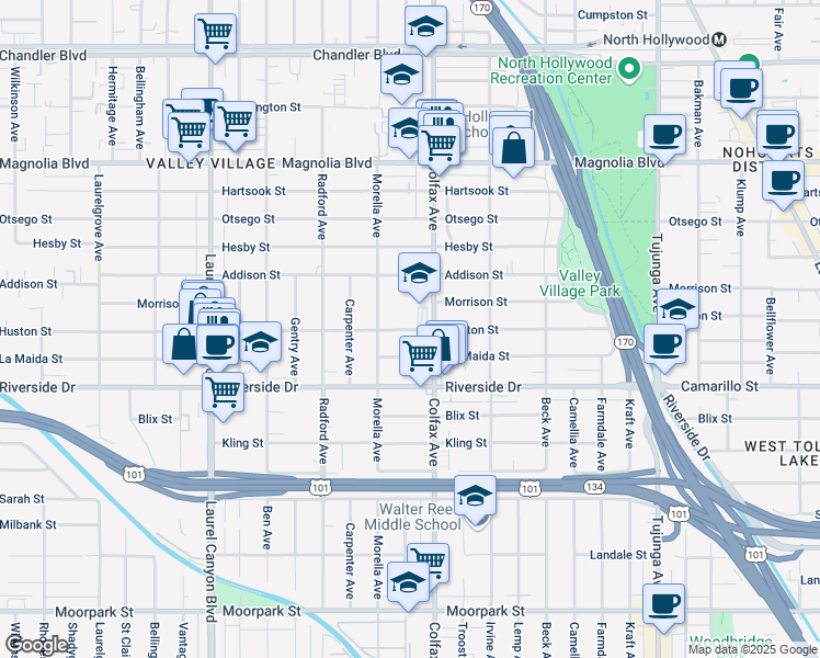 map of restaurants, bars, coffee shops, grocery stores, and more near 11739 Huston Street in Los Angeles