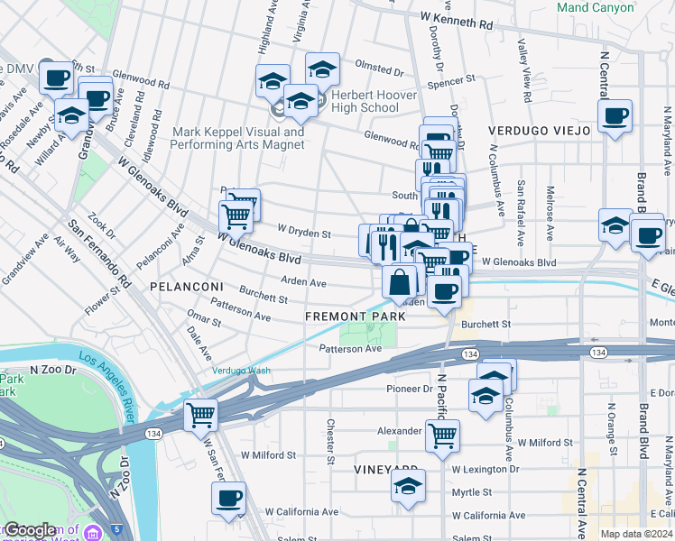 map of restaurants, bars, coffee shops, grocery stores, and more near 648 West Glenoaks Boulevard in Glendale