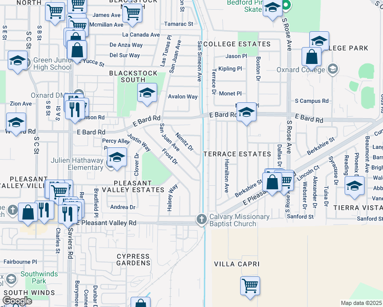 map of restaurants, bars, coffee shops, grocery stores, and more near 4421 Nimitz Drive in Oxnard