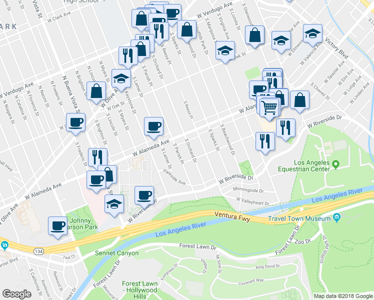 map of restaurants, bars, coffee shops, grocery stores, and more near 527 South Orchard Drive in Burbank
