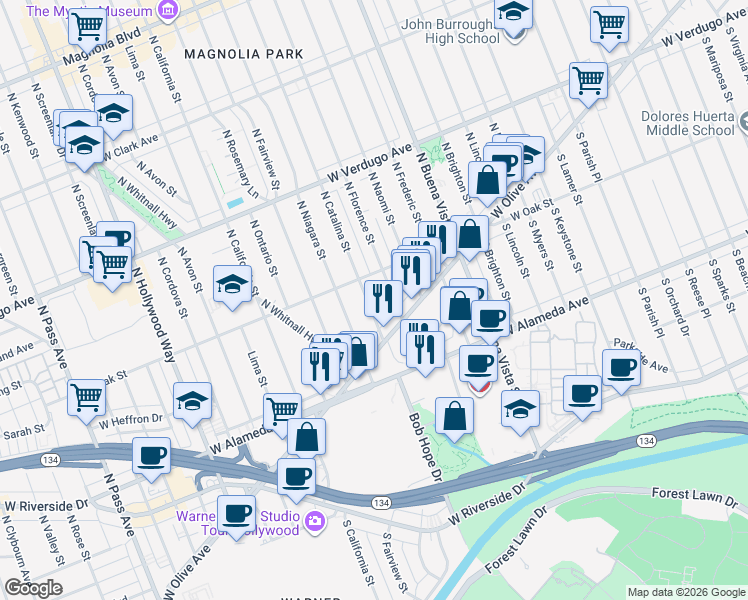 map of restaurants, bars, coffee shops, grocery stores, and more near 226 North Catalina Street in Burbank